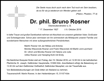 Anzeige von Bruno Rosner von Kölner Stadt-Anzeiger / Kölnische Rundschau / Express