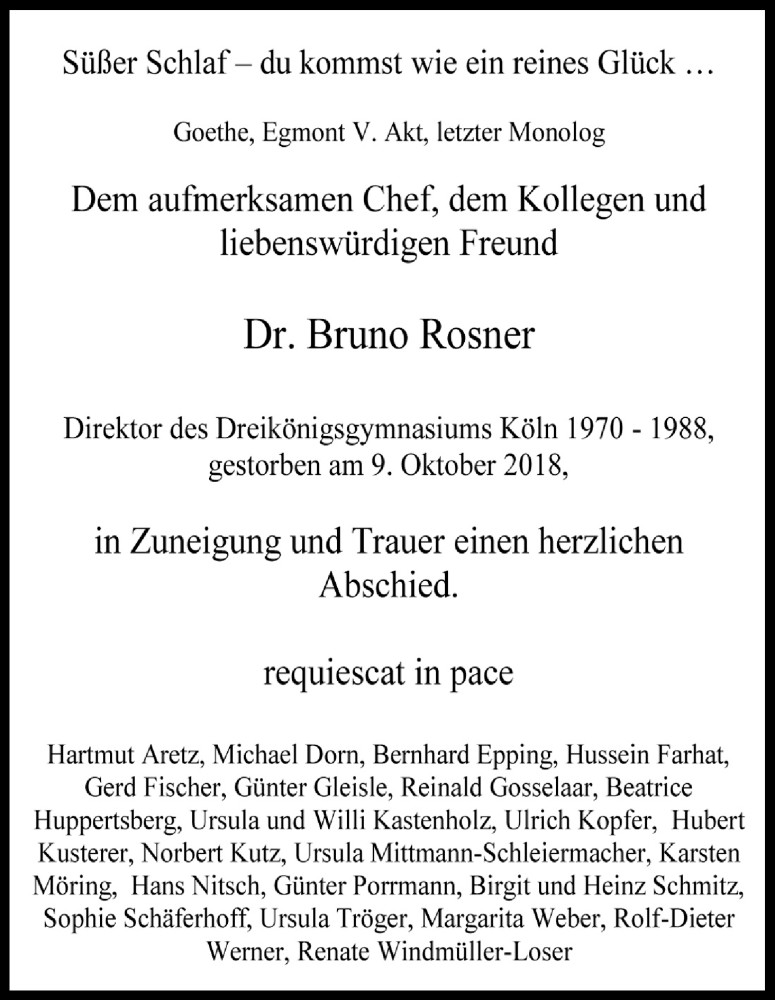  Traueranzeige für Bruno Rosner vom 13.10.2018 aus Kölner Stadt-Anzeiger / Kölnische Rundschau / Express