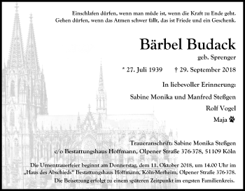 Anzeige von Bärbel Budack von Kölner Stadt-Anzeiger / Kölnische Rundschau / Express