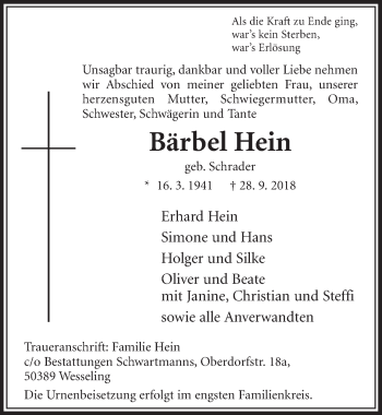 Anzeige von Bärbel Hein von  Schlossbote/Werbekurier 