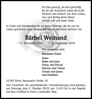 Anzeige von Bärbel Weinand von Kölner Stadt-Anzeiger / Kölnische Rundschau / Express