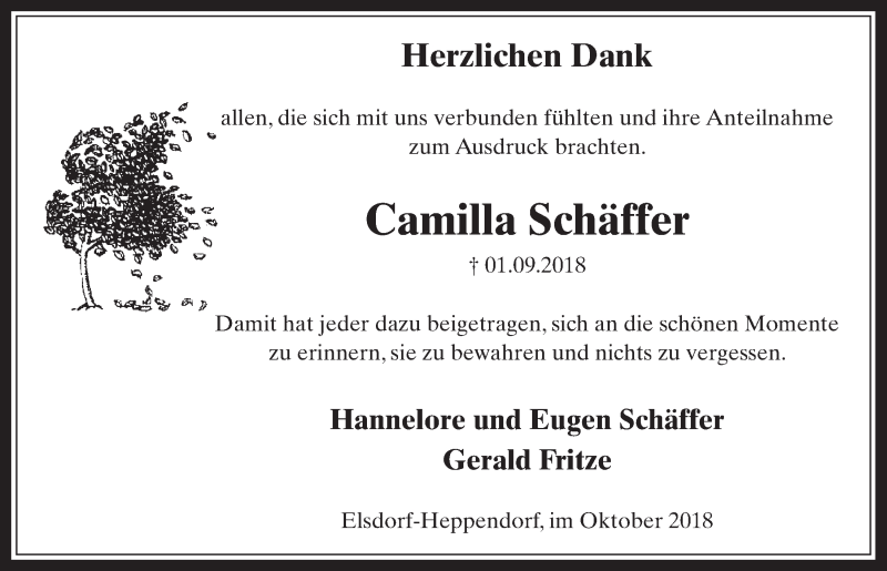  Traueranzeige für Camilla Schäffer vom 10.10.2018 aus  Werbepost 