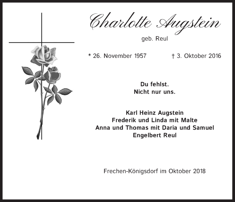  Traueranzeige für Charlotte Augstein vom 06.10.2018 aus Kölner Stadt-Anzeiger / Kölnische Rundschau / Express