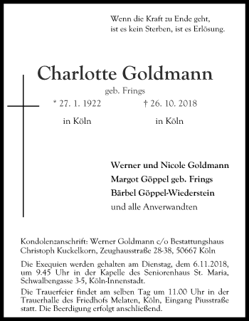 Anzeige von Charlotte Goldmann von Kölner Stadt-Anzeiger / Kölnische Rundschau / Express