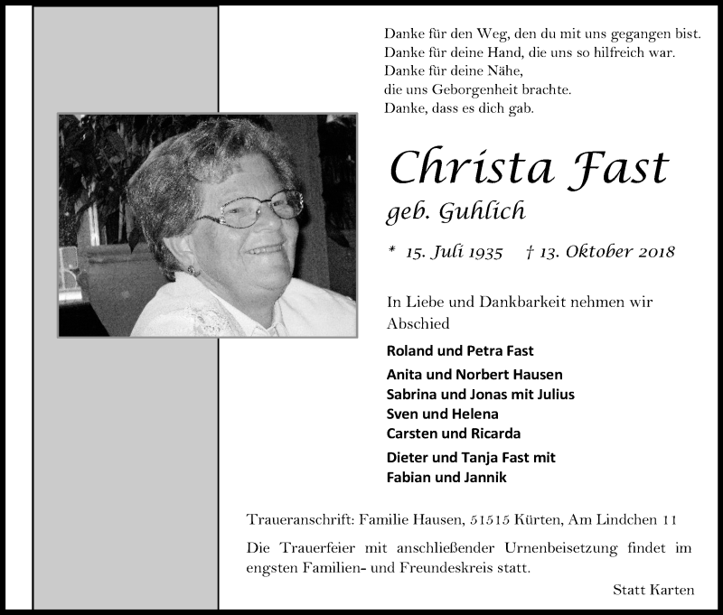  Traueranzeige für Christa Fast vom 20.10.2018 aus Kölner Stadt-Anzeiger / Kölnische Rundschau / Express