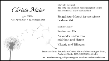 Anzeige von Christa Maier von Kölner Stadt-Anzeiger / Kölnische Rundschau / Express