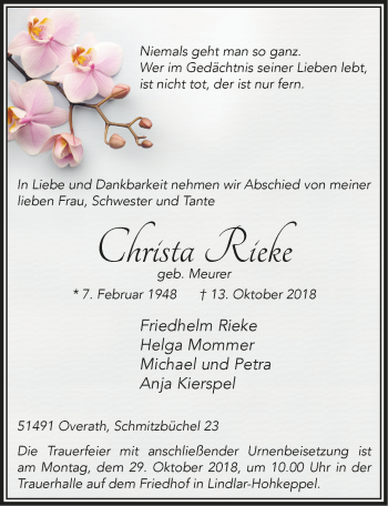 Anzeige von Christa Rieke von  Bergisches Handelsblatt 
