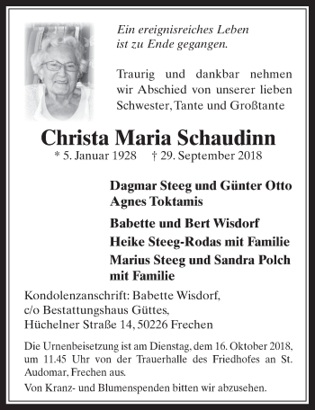 Anzeige von Christa Maria Schaudinn von  Wochenende 