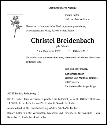 Anzeige von Christel Breidenbach von Kölner Stadt-Anzeiger / Kölnische Rundschau / Express