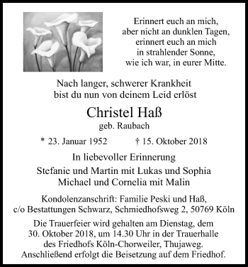 Anzeige von Christel Haß von Kölner Stadt-Anzeiger / Kölnische Rundschau / Express