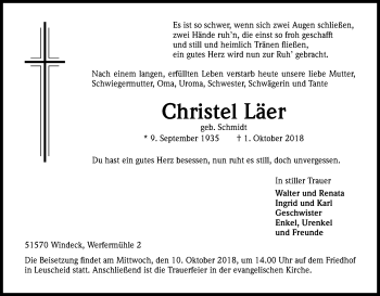 Anzeige von Christel Läer von Kölner Stadt-Anzeiger / Kölnische Rundschau / Express