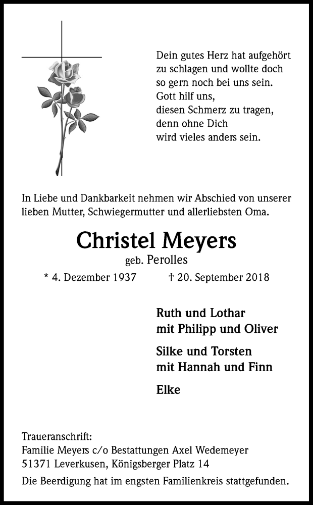  Traueranzeige für Christel Meyers vom 06.10.2018 aus Kölner Stadt-Anzeiger / Kölnische Rundschau / Express