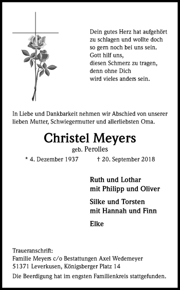 Anzeige von Christel Meyers von Kölner Stadt-Anzeiger / Kölnische Rundschau / Express