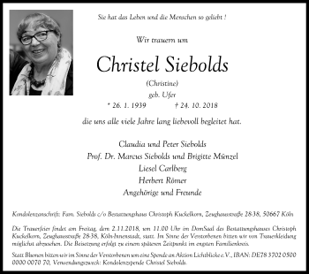 Anzeige von Christel Siebolds von Kölner Stadt-Anzeiger / Kölnische Rundschau / Express