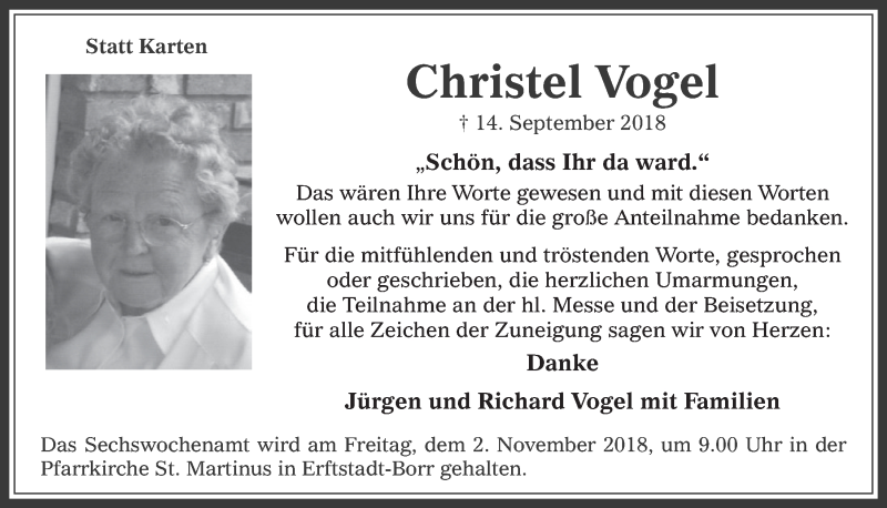  Traueranzeige für Christel Vogel vom 17.10.2018 aus  Werbepost 