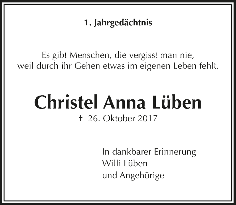  Traueranzeige für Christel Anna Lüben vom 31.10.2018 aus  Lokalanzeiger 