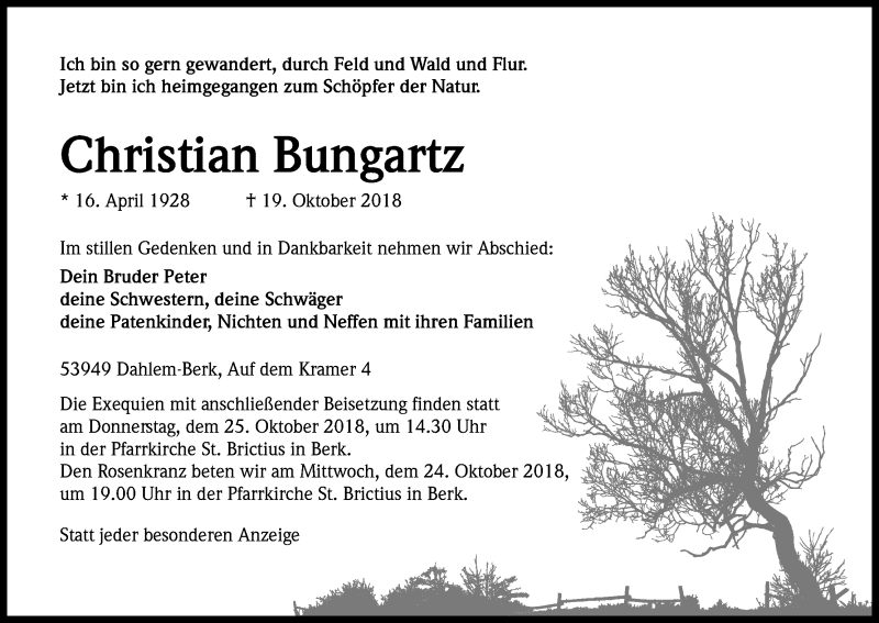  Traueranzeige für Christian Bungartz vom 23.10.2018 aus Kölner Stadt-Anzeiger / Kölnische Rundschau / Express
