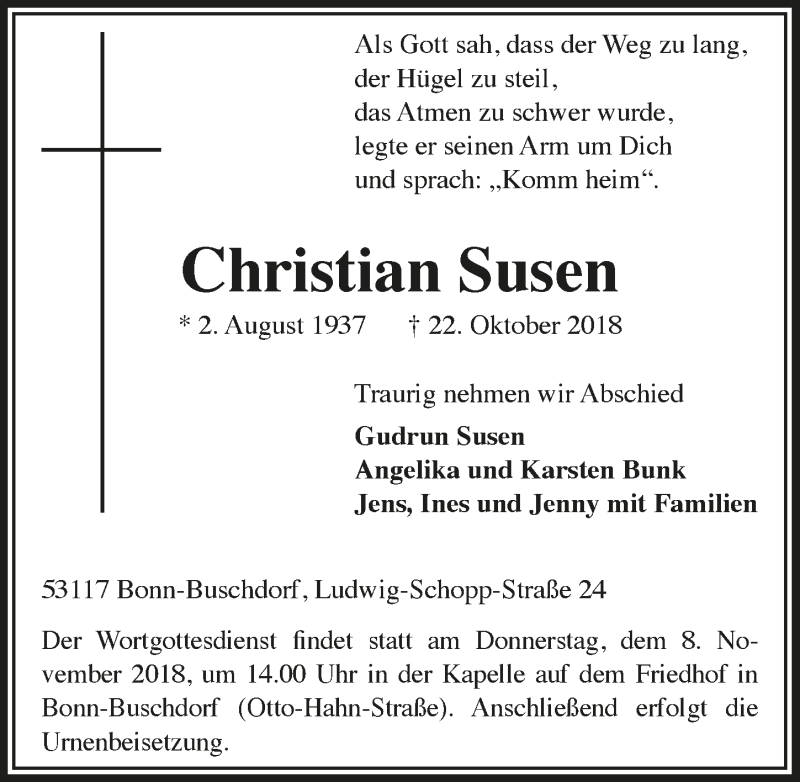  Traueranzeige für Christian Susen vom 31.10.2018 aus  Schlossbote/Werbekurier 