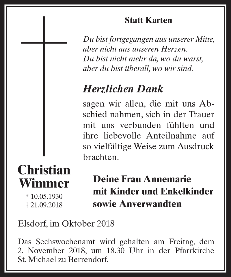  Traueranzeige für Christian Wimmer vom 24.10.2018 aus  Werbepost 