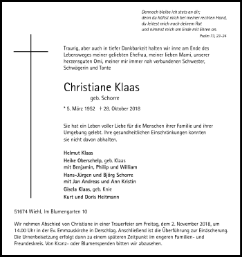 Anzeige von Christiane Klaas von Kölner Stadt-Anzeiger / Kölnische Rundschau / Express