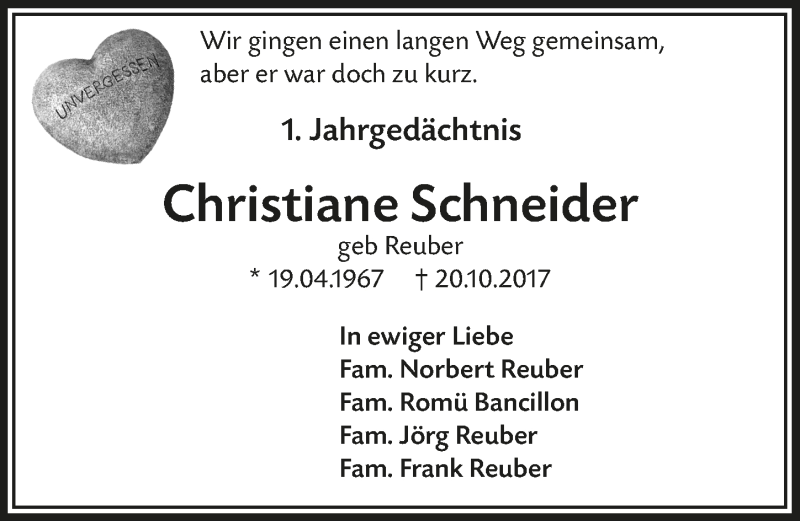  Traueranzeige für Christiane Schneider vom 17.10.2018 aus  Lokalanzeiger 