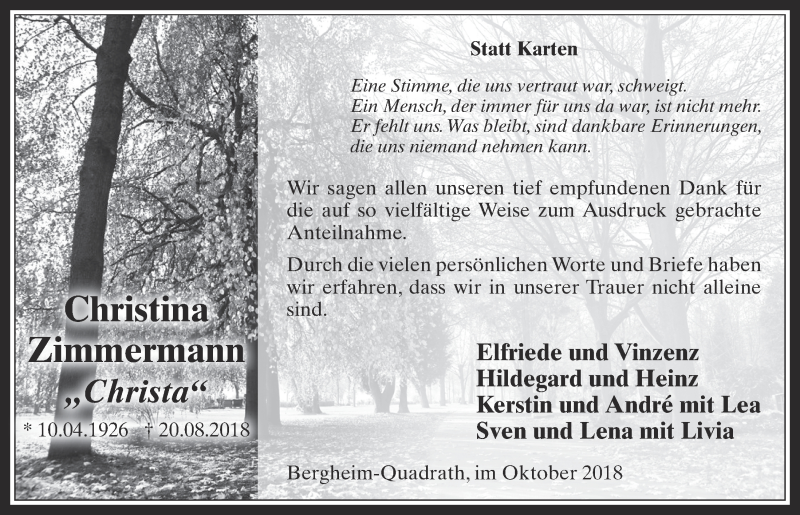  Traueranzeige für Christina Zimmermann vom 17.10.2018 aus  Werbepost 