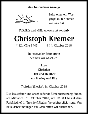 Anzeige von Christoph Kremer von Kölner Stadt-Anzeiger / Kölnische Rundschau / Express