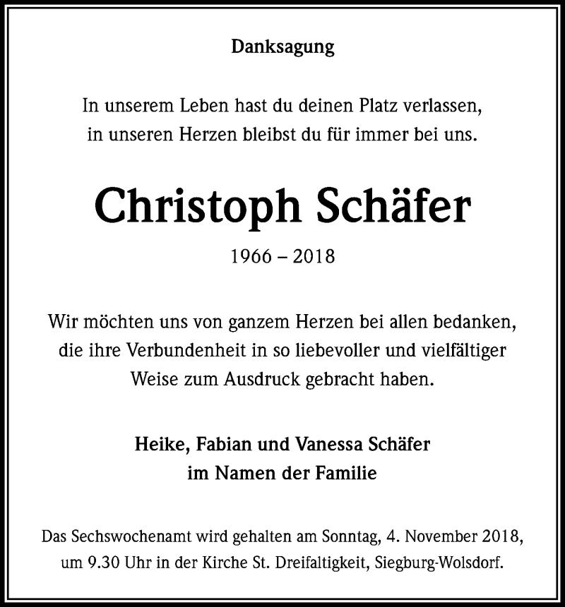  Traueranzeige für Christoph Schäfer vom 27.10.2018 aus Kölner Stadt-Anzeiger / Kölnische Rundschau / Express