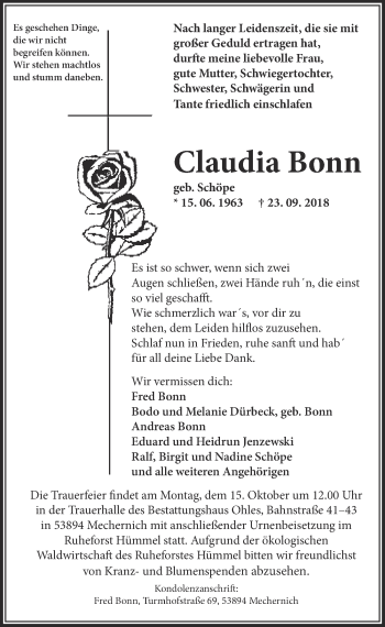 Anzeige von Claudia Bonn von  Blickpunkt Euskirchen 