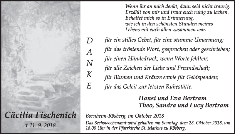  Traueranzeige für Cäcilia Fischenich vom 17.10.2018 aus  Schlossbote/Werbekurier 