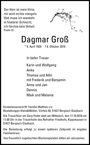 Anzeige von Dagmar Groß von Kölner Stadt-Anzeiger / Kölnische Rundschau / Express