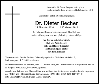 Anzeige von Dieter Becher von Kölner Stadt-Anzeiger / Kölnische Rundschau / Express