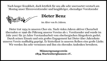 Anzeige von Dieter Benz von Kölner Stadt-Anzeiger / Kölnische Rundschau / Express