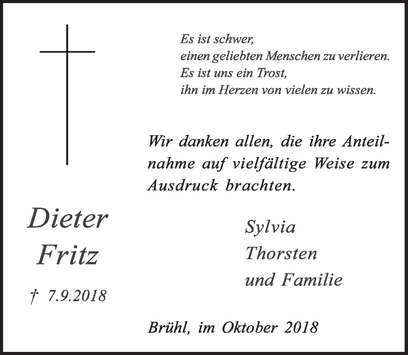 Traueranzeige für Dieter Fritz vom 03.10.2018 aus  Schlossbote/Werbekurier 