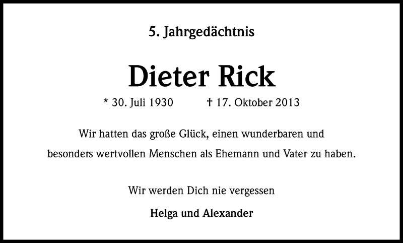  Traueranzeige für Dieter Rick vom 17.10.2018 aus Kölner Stadt-Anzeiger / Kölnische Rundschau / Express