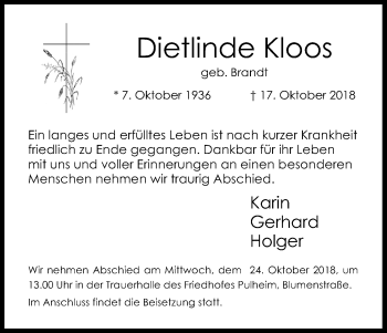 Anzeige von Dietlinde Kloos von Kölner Stadt-Anzeiger / Kölnische Rundschau / Express