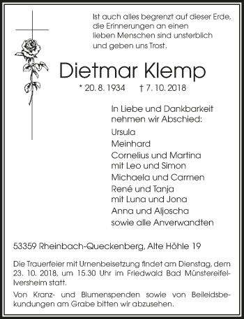 Anzeige von Dietmar Klemp von  Schaufenster/Blickpunkt am Wochenende 