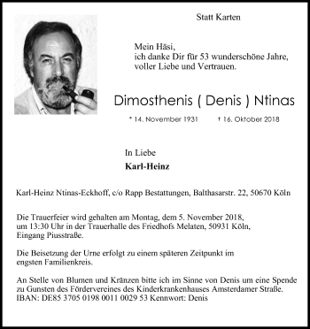 Anzeige von Dimosthenis Ntinas von Kölner Stadt-Anzeiger / Kölnische Rundschau / Express