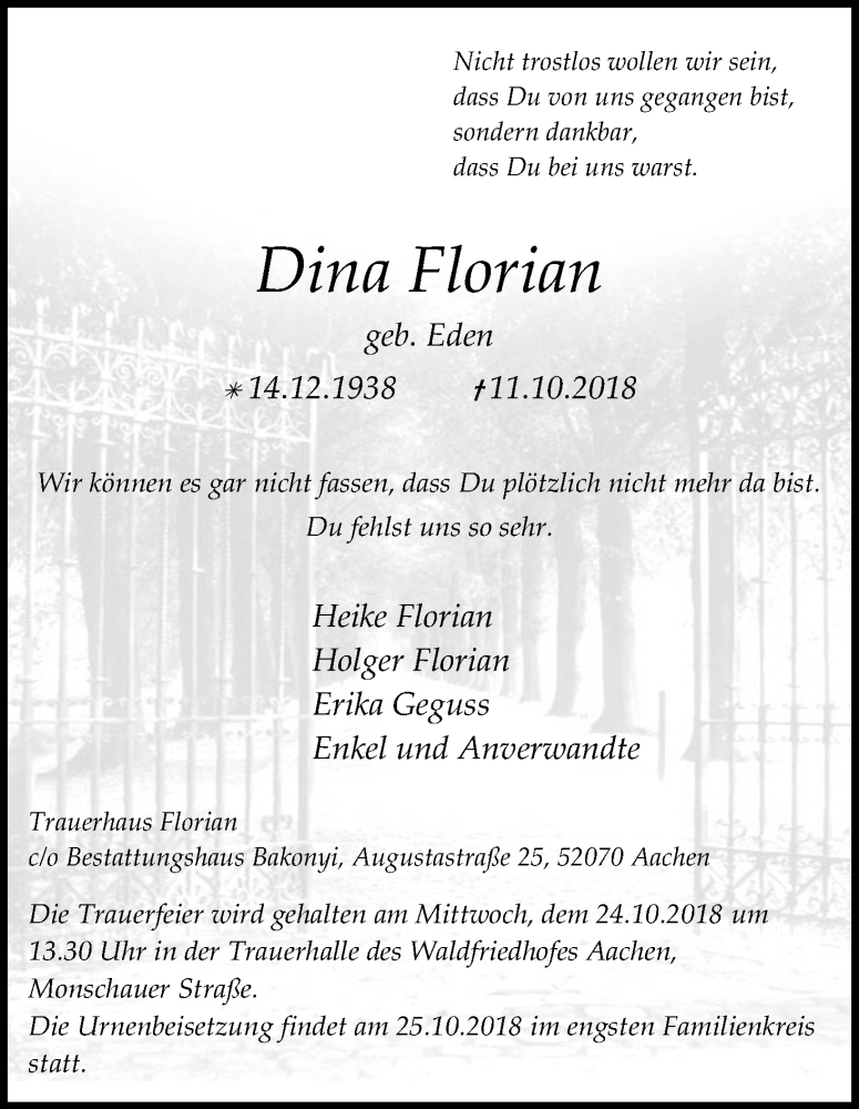  Traueranzeige für Dina Florian vom 20.10.2018 aus Kölner Stadt-Anzeiger / Kölnische Rundschau / Express