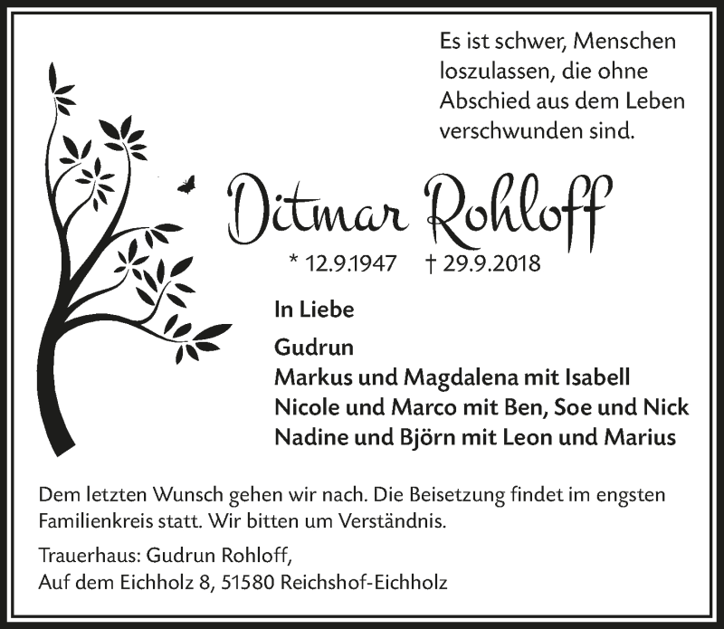  Traueranzeige für Ditmar Rohloff vom 10.10.2018 aus  Lokalanzeiger 