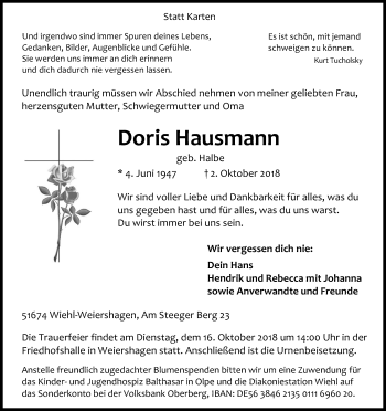 Anzeige von Doris Hausmann von Kölner Stadt-Anzeiger / Kölnische Rundschau / Express