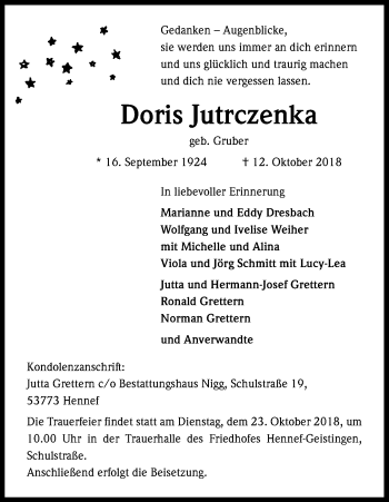 Anzeige von Doris Jutrczenka von Kölner Stadt-Anzeiger / Kölnische Rundschau / Express