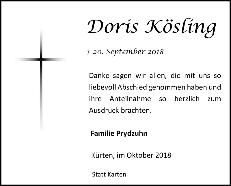  Traueranzeige für Doris Kösling vom 20.10.2018 aus Kölner Stadt-Anzeiger / Kölnische Rundschau / Express