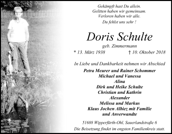 Anzeige von Doris Schulte von Kölner Stadt-Anzeiger / Kölnische Rundschau / Express