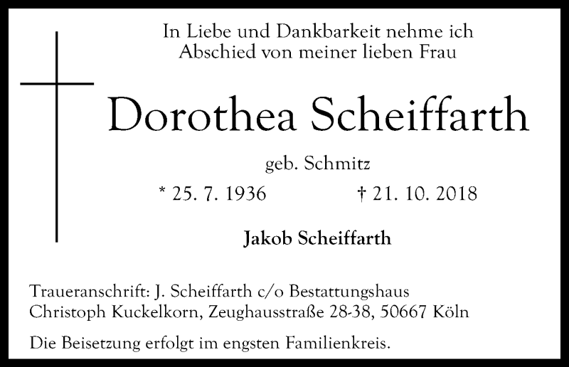 Traueranzeige für Dorothea Scheiffarth vom 31.10.2018 aus Kölner Stadt-Anzeiger / Kölnische Rundschau / Express