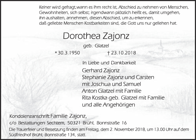  Traueranzeige für Dorothea Zajonz vom 31.10.2018 aus  Schlossbote/Werbekurier 