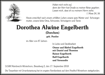 Anzeige von Dorothea Alwine Engelberth von  Lokalanzeiger 