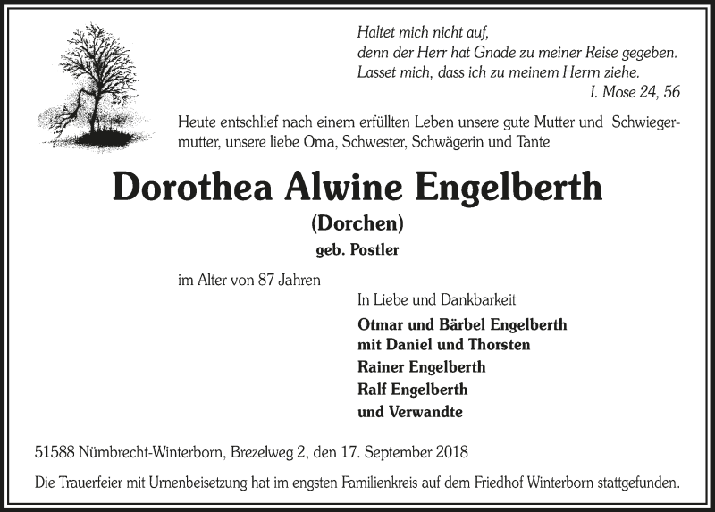 Traueranzeige für Dorothea Alwine Engelberth vom 03.10.2018 aus  Lokalanzeiger 