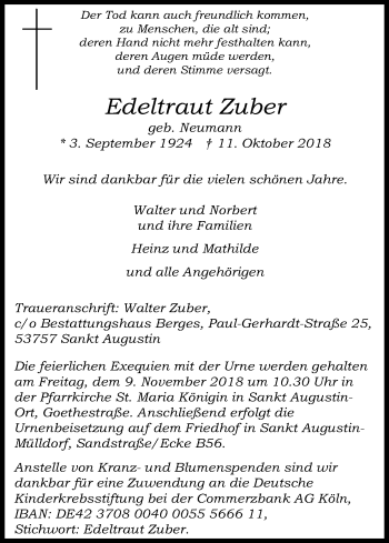 Anzeige von Edeltraut Zuber von Kölner Stadt-Anzeiger / Kölnische Rundschau / Express