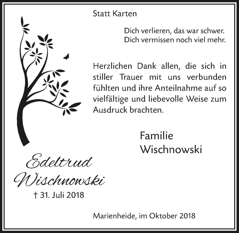  Traueranzeige für Edeltrud Wischnowski vom 10.10.2018 aus  Anzeigen Echo 